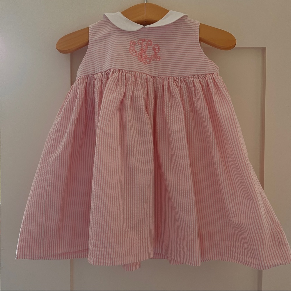 Pink Seersucker Baby Girl Monogrammed Dress 9 months